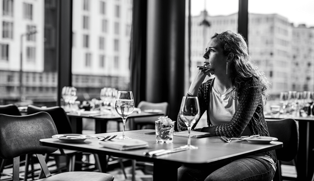 woman drinking wine alone in a restaurant for Jennifer Howze Divorce tips article/banner 1680x969