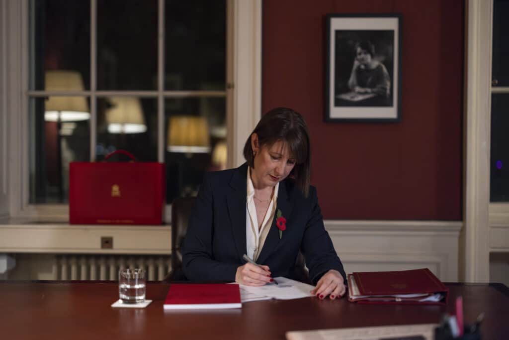 Rachel Reeves in Number 11, with the picture of Ellen Wilkinson behind her. Pic: Kirsty O’Connor/Treasury