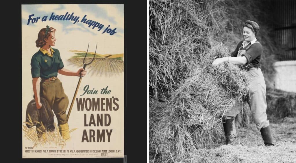 Move over Jeremy Clarkson! A poster recruiting for the Women's Land Army and a "land girl" doing the skilled heavy work of hay stacking. Pics: © IWM (Art.IWM PST 6078); IWM/Getty Images